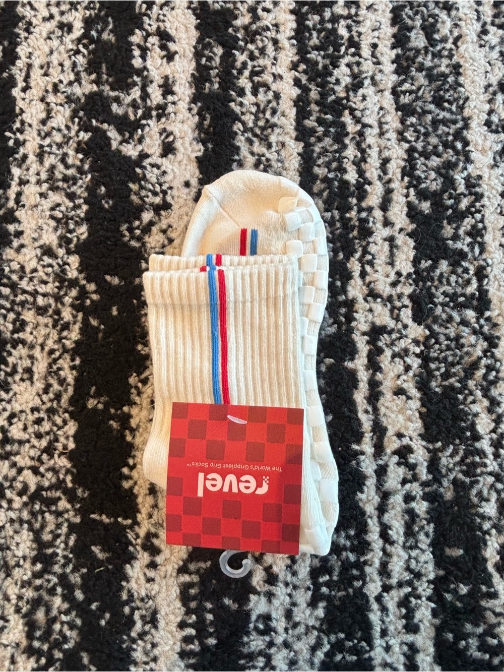 Revel White Ribbed Crew Socks with Red & Blue Stripe